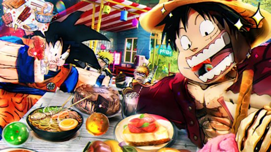 Anime Dimensions codes: popular anime characters, including Goku, Naruto, Boruto, and Luffy, are eating a lot of cake and meat like savages.