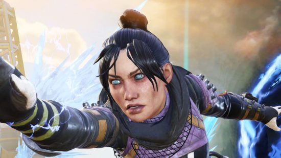 The best cross platform games include Apex legends where the character is seen in a purple outfit reaching across the map