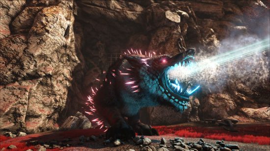 Server Ark: Dino biru dan ungu menembakkan laser yang cerah dari mulutnya