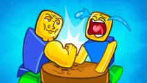 Arm Wrestle Simulator codes: two cartoon characters arm wrestling.