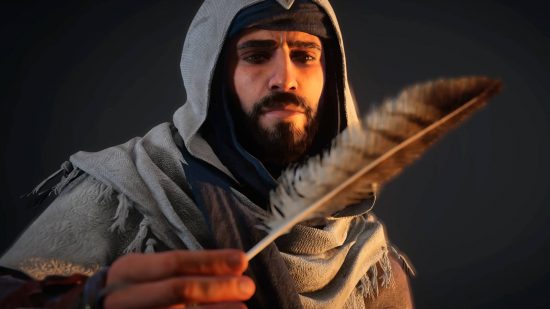 Assassin's Creed Mirage release date: Basim is looking hard at a heron's feather. He is wearing a cowl with a turban underneath.