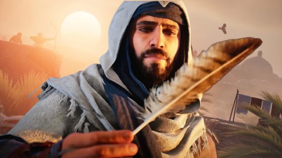 Assassin's Creed Mirage trailer mistake: A hooded man with a beard, Basim from Ubisoft stealth game AC Mirage, holding a feather