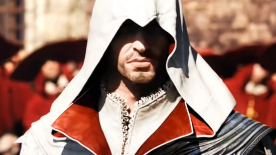 Assassin's Creed Steam sale - Ezio Auditore di Firenze, a stubble-bearded man in an imposing white hood.