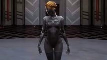 A silver female robot with golden hair looks down over her right shoulder in a marble room