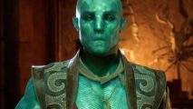 Avowed - a green-skinned humanoid fantasy species in a fancy waistcoat.