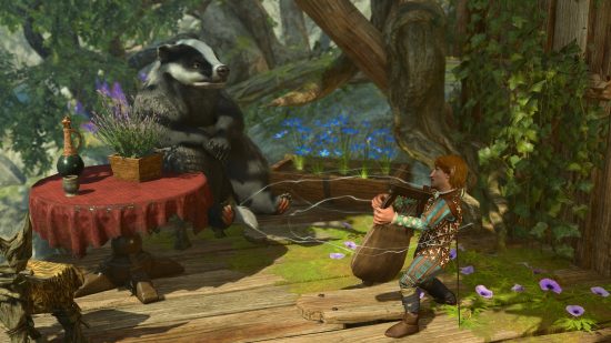 Baldur's Gate 3: a small humanoid plays the lyre for a large badger.