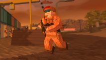 A low-poly person in military fatigues is center screen with desert environment surrounding them.