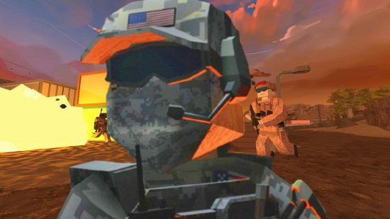 New Steam top seller is BattleBit: A low-poly, blocky soldier in a hat and goggles stands in front of a battlefield in multiplayer FPS game BattleBit