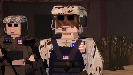 Image of two low-poly characters in camo-gear looking towards the left of the screen.