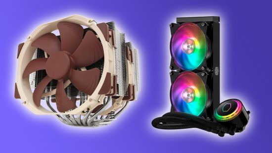 Best CPU coolers: Noctua fan cooler and Coller Master AIO on blue backdrop.