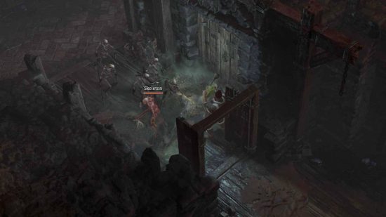 A Druid is fighting skeletons in a dungeon, using the best Diablo 4 Druid build.