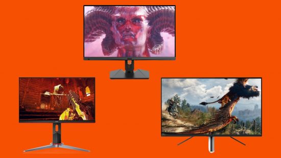 Best gaming monitors: image shows a selection of monitors playing various games on a red background.