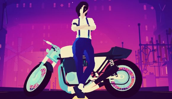 A cartoon person wearing a white t-shirt, blue trousers, and braces stands leaning on a motorbike in a purple city area