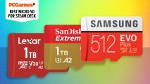 Best microSD card for Steam Deck - three microsd cards on a colorful gradient background