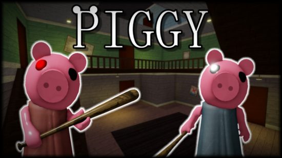 Dua babi berdiri dengan kelawar besbol di tangan mereka, satu memakai pakaian biru dan satu memakai pakaian coklat di salah satu permainan Roblox terbaik, Piggy