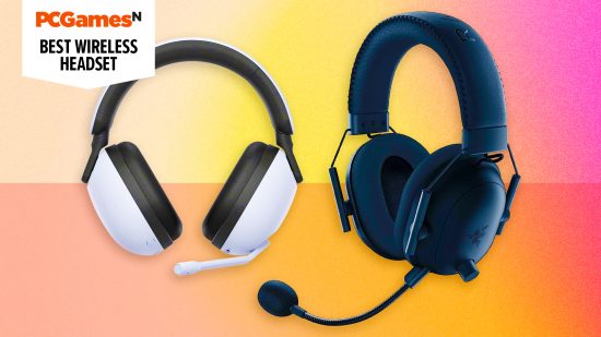 Best wireless gaming headset - two gaming headsets against a pink gradient background