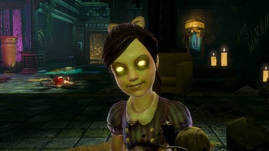 Bioshock 2 Steam sale - an older Little Sister smiles at you, her eyes glowing brightly.