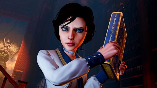BioShock Infinite Steam sale - Elizabeth, a dark-haired young wonman in a white and blue top, looks angrily down at you, holding up a large book as though to threaten a blow.