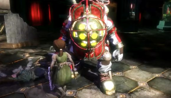 BioShock Steam sale - a red-suited Big Daddy stands beside a tiny Little Sister in the dystopian underwater city