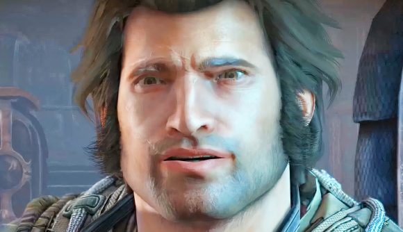 Bulletstorm Steam sale: A soldier with long flowing hair and big sideburns, Grayson Hunt from FPS game Bulletstorm