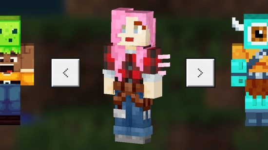 How to change skins in Minecraft: Image shows the skin selection carousel in Minecraft Bedrock edition, with a pink haired girl, a boy holding a slime block above his head, and a turquoise, one -eyed monster.