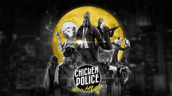 Chicken Police Into the Hive - a noir-style movie poster featuring animals in suits backed by a golden moon.