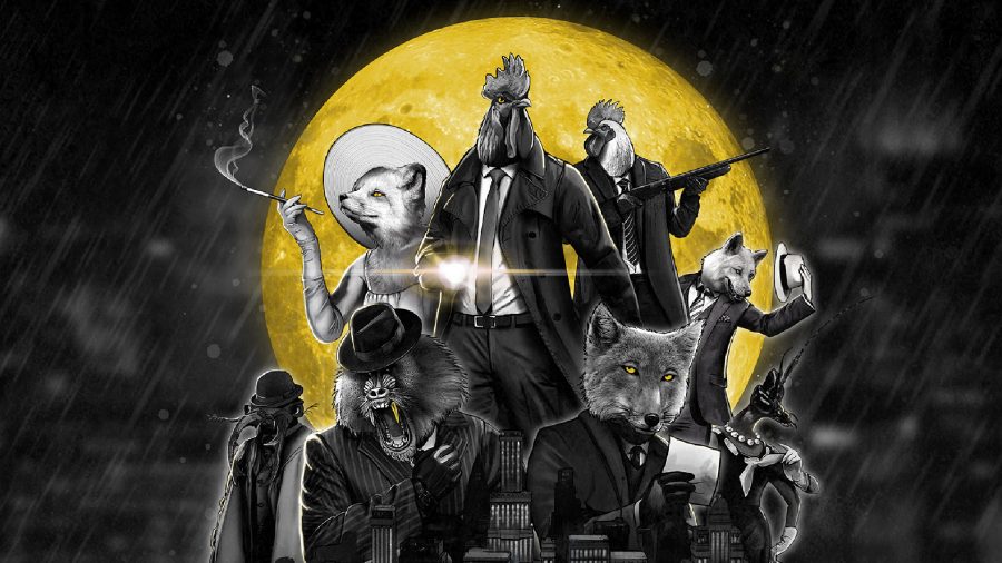 Chicken Police - a noir-style detective movie poster, featuring animals in suits backed by a golden moon.