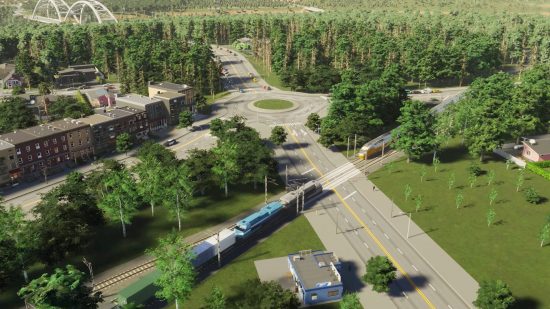 Cities Skylines 2 houses: A main road and a huge train in the suburbs of a metropolis in city-building game Cities Skylines 2