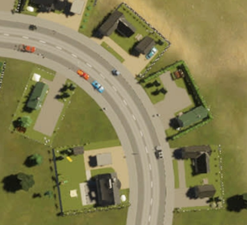 Cities Skylines 2 houses: A top-down image of some small suburban houses in city-building game Cities Skylines 2