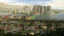 Cities Skylines 2 release date: A cityscape that features an outcropping of land surrounded by water that's populated by towering skyscrapers, while residential apartments and suburbs are situated beside a forest in the foreground.