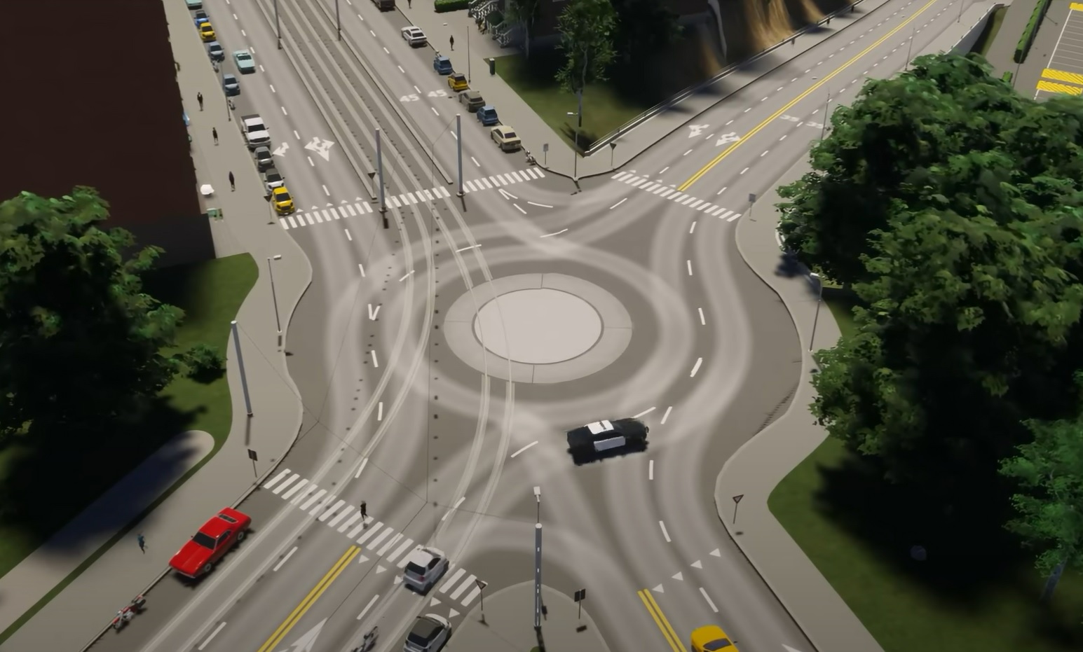 Cities Skylines 2 roads and accidents: An image of a roundabout from city-building game Cities Skylines 2