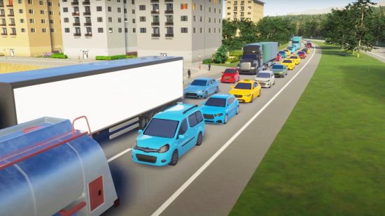 Cities Skylines 2 traffic: A line of colorful cars in city-building game Cities Skylines 2