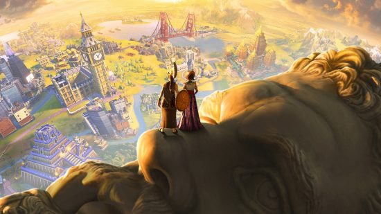 Two people standing on the nose of a giant stone statue while looking at several monuments, waiting for the Civ 7 release date.
