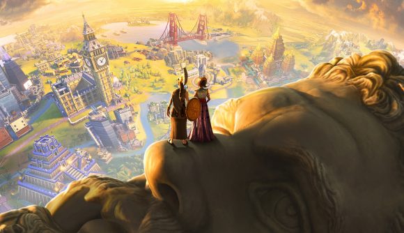Two people standing on the nose of a giant stone statue while looking at several monuments, waiting for the Civ 7 release date.