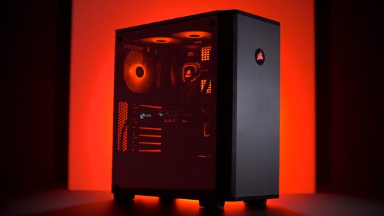 An image of the Corsair Corsair Carbide Series 175R RGB Tempered Glass Mid-Tower ATX Gaming Case, in black, on a black and orange-red background.