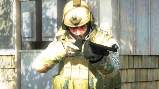 Counter-Strike 2 glitch: A soldier in tactical gear aims a shotgun in Valve FPS game Counter-Strike