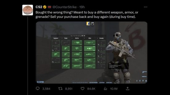 Tweet from the CounterStrike account: "Bought the wrong thing? Meant to buy a different weapon, armor, or grenade? Sell your purchase back and buy again (during buy time)."