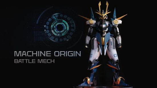 Image of a PC which is built to look like a mech from an anime, facing forward, on a black background.