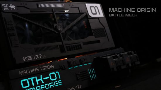 Close up image of a PC built to look like a mech from an anime.