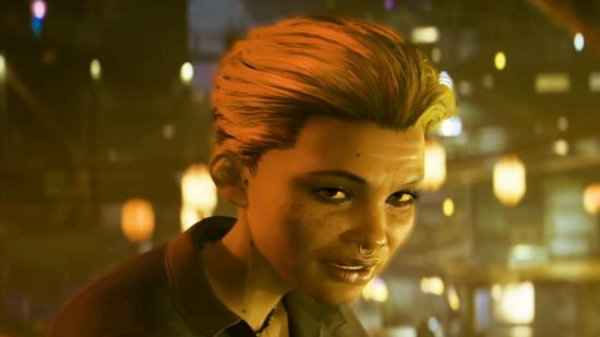 Cyberpunk 2077 AMD CPU fix: a woman looks into the camera with an orange-tinged cityscape behind her.