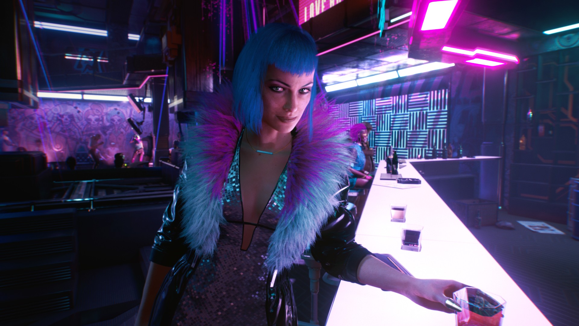 Cyberpunk 2077 CDPR – A woman with blue hair and a pink outfit stands in a bar in the CDPR Cyberpunk 2077 RPG