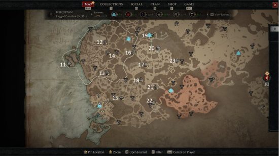 An image of part of the D4 map featuring the area of Southern Kehjistan and the Diablo 4 dungeons within.