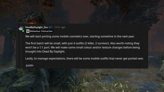 A reply from the Dead by Daylight developers on Reddit about DBD Mobile skins being added to the PC version