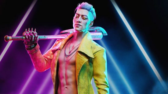Huge Dead by Daylight Steam sale is perfect for getting hooked on DBD: A handsome Korean man in a yellow jacket but no shirt holding a baseball bat over his shoulder with golden glowing eyes and slicked back white hair on a neon black background
