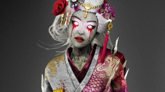Dead by Daylight mobile skins are finally coming to DBD: An undead woman with glowing white eyes and white hair wearing traditional Japanese dress styled in silver and pink