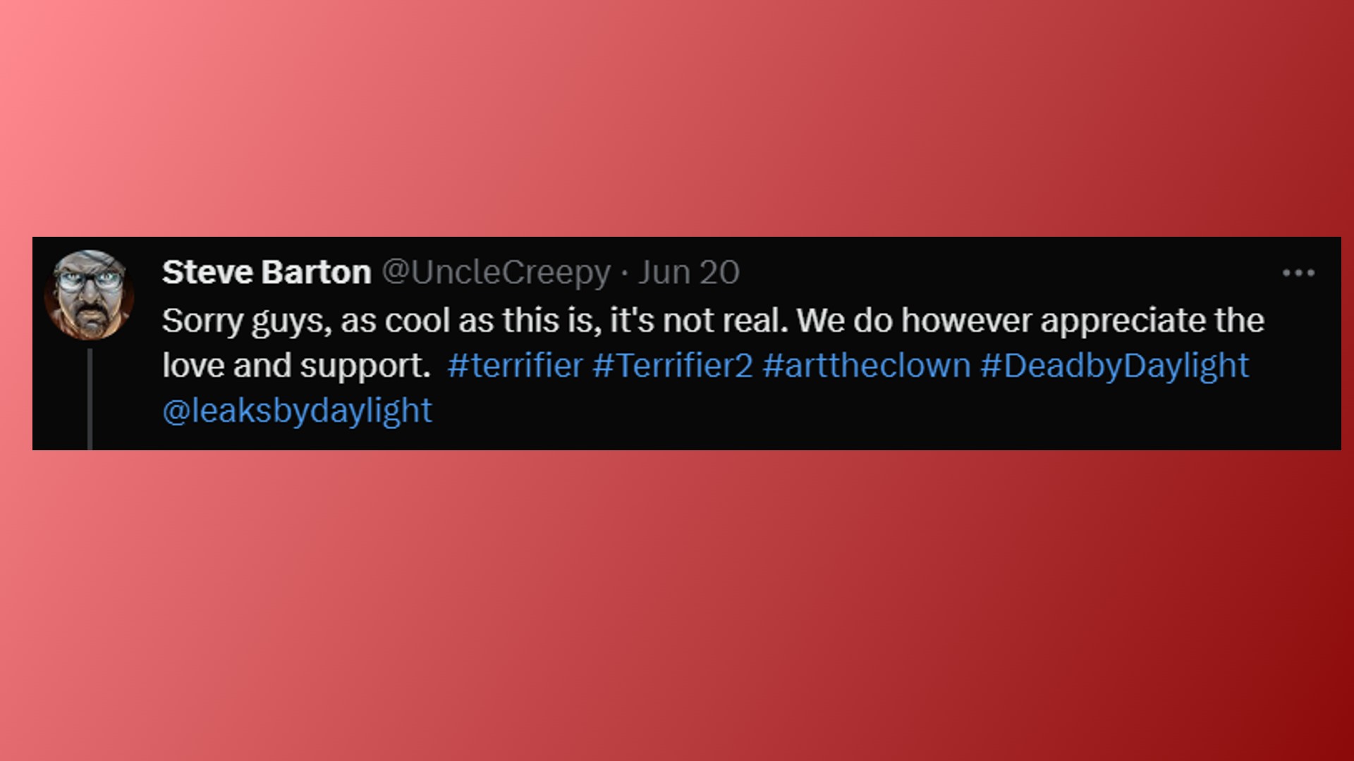 Dead by Daylight Terrifier: A tweet confirming that Terrifier will not appear in BHVR horror game DBD