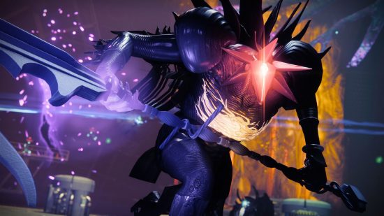 A Destiny 2 tormentor wields a glaive with his chest glowing