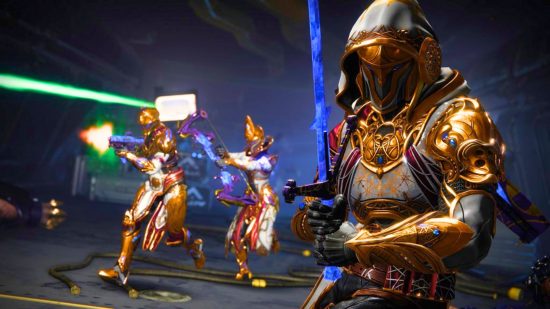 Destiny 2 classes wear gold, white, and purple armor and wield weapons