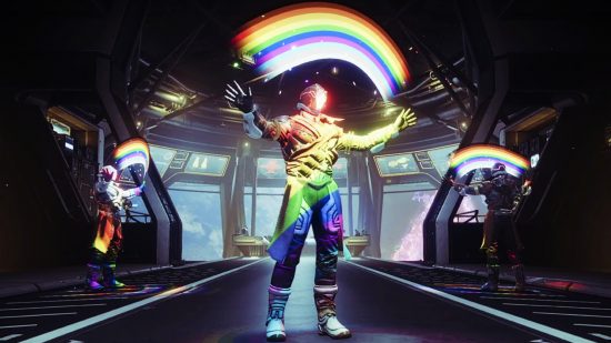 Destiny 2 - three guardians show off the Rainbow Connection emote for Pride month.