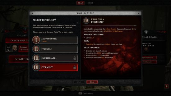 The World Tier 4 screen showing that Diablo 4 Ancestral items appear if you choose this difficulty.
